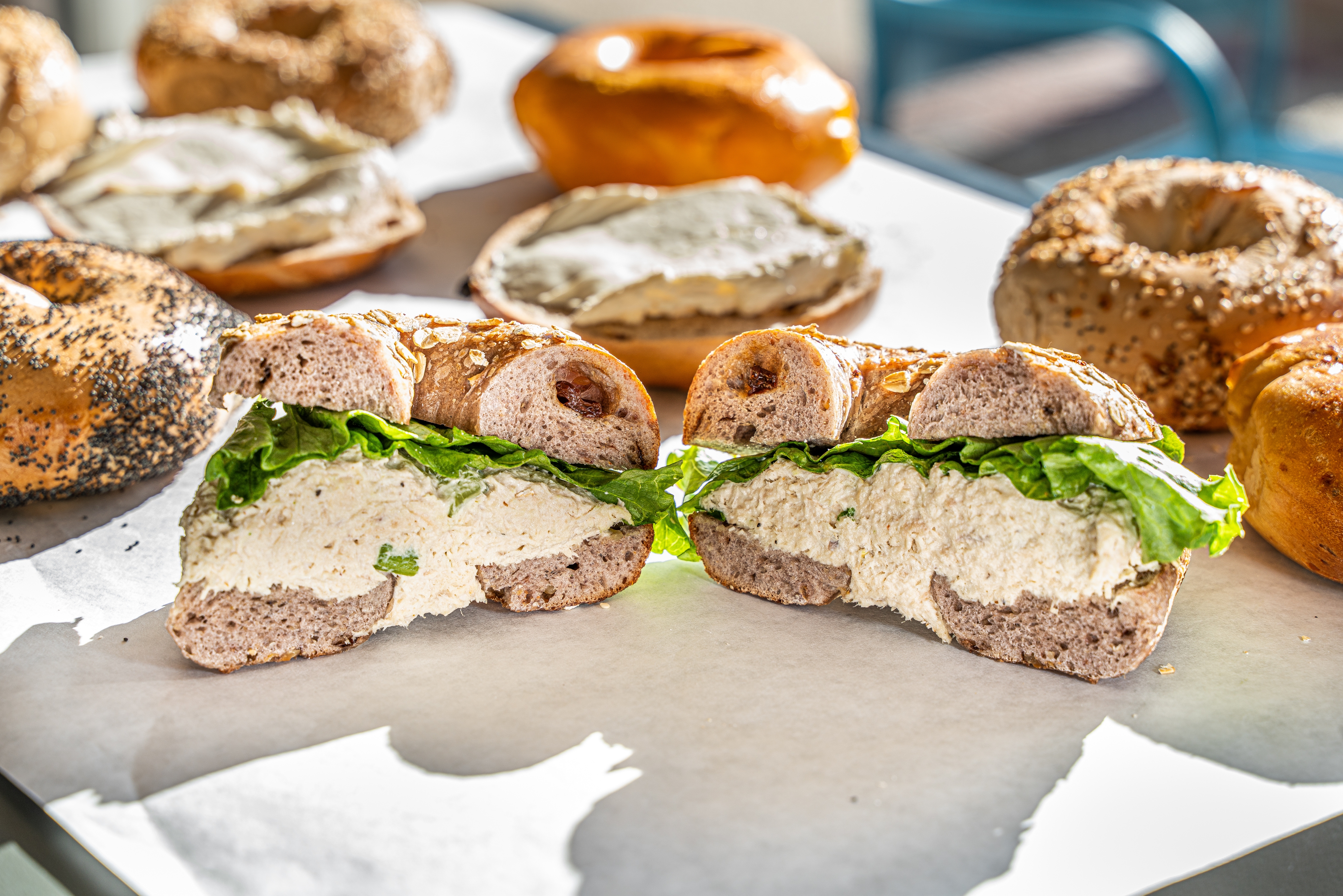 chicken salad bagel sandwich